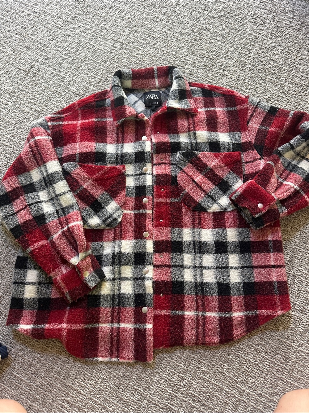 Zara Red Black White Plaid Button-Front Shirt Jacket